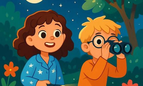 Clara, une fille de 12 ans aux cheveux châtains bouclés et aux yeux émerveillés, se tient sous un ciel étoilé, souriante dans son pyjama bleu à motifs d'étoiles blanches, tenant une lampe de poche. À ses côtés, Lucas, son ami de 12 ans avec des cheveux blonds en bataille et des lunettes rondes, observe le ciel avec des jumelles, fasciné. Ils sont dans le jardin de Clara, entourés de fleurs colorées et d'arbres scintillants sous la lune. L'atmosphère est magique et aventureuse, les enfants partagent des rires et des histoires, transformant leur peur de la nuit en une expérience joyeuse.