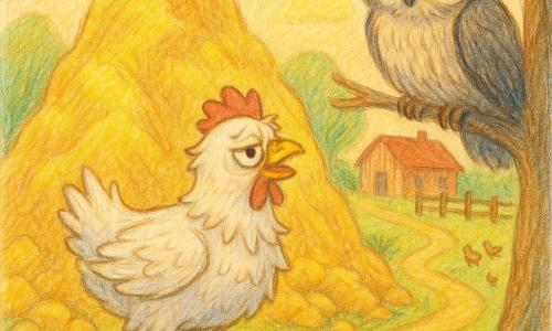 Une petite poule nommée Coquette, plumes blanches légèrement froissées et regard vif, se tient au pied d'une montagne d'or en levant la tête vers le sommet, l'air à la fois fier et fatigué, un vieux hibou gris aux grands yeux dorés la regarde bienveillant depuis une branche basse à droite ; au loin, une ferme et de petites poules observent, la montagne aux rochers ocres et reflets jaune-paille brille sous un soleil chaud, sentier sinueux bordé de fleurs sauvages, ambiance douce et paisible aux couleurs chaudes et textures crayon adaptées aux enfants.