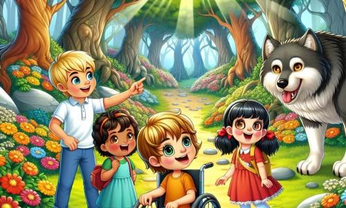 Dans une forêt enchantée, quatre enfants se tiennent au centre. Max, 10 ans, aux cheveux blonds, regarde avec émerveillement un grand loup. À sa droite, Lila, 9 ans, aux yeux pétillants et cheveux bruns, pointe des pierres brillantes. Nino, 8 ans, aux cheveux noirs en bataille, rit en faisant une grimace, tandis que Mia, 7 ans en fauteuil roulant, sourit, ses cheveux châtains en couettes. La forêt est dense avec de grands arbres et des feuilles colorées. Des fleurs multicolores tapissent le sol, et un rayon de soleil illumine la scène. Le loup, au pelage noir et aux yeux brillants, se tient devant les enfants, qui montrent curiosité et amitié, prêts à explorer la forêt.