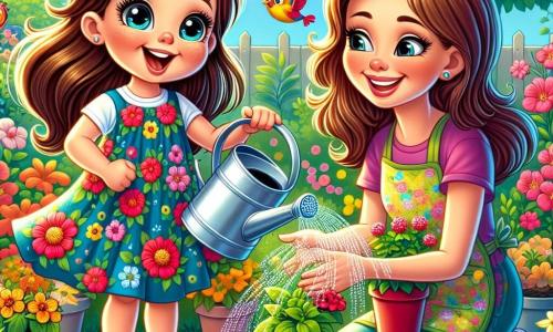 Une petite fille de 6 ans, Lila, sourit en arrosant des fleurs colorées dans un jardin ensoleillé. Elle porte une robe légère à fleurs et des sandales, exprimant joie et émerveillement. Sa maman, une femme d'environ 30 ans, plante des fleurs dans des pots à côté d'elle, regardant Lila avec fierté. Le jardin est rempli de fleurs éclatantes sous un ciel bleu clair, avec des oiseaux chantant et des abeilles bourdonnant. Lila et sa maman partagent un moment de bonheur printanier, entourées de la beauté de la nature.