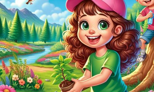 Une petite fille de 8 ans, Emma, sourit en tenant une pelle, portant une casquette rose, un t-shirt vert et un short en jean, tout en plantant un jeune arbre dans un sol fertile, entourée de fleurs colorées. Son meilleur ami Thomas, également âgé de 8 ans, l'encourage avec un sourire, tenant une bouteille d'eau. Ils se trouvent dans une réserve naturelle avec de grands arbres, des fleurs vives et un ruisseau. Emma et Thomas plantent un arbre, symbolisant leur engagement à protéger la nature, tout en ramassant des déchets pour embellir le parc.