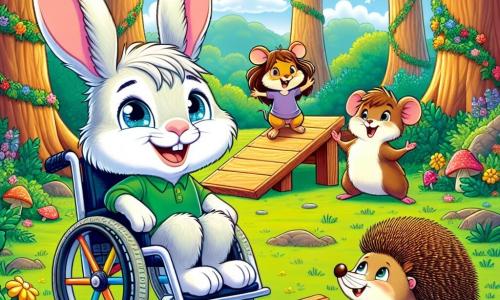 Colin, un jeune lapin aux longues oreilles blanches et tachetées de gris, est assis dans son fauteuil roulant, souriant à ses amis. Zoé, une petite souris brune aux grandes oreilles, est à ses côtés, sautillant d'excitation avec les bras levés. Léon, un hérisson aux piquants dorés, se tient en arrière avec une planche de bois, prêt à aider à construire une rampe. La scène se déroule dans une clairière enchantée, entourée d'arbres majestueux et de fleurs colorées. Colin et ses amis travaillent ensemble pour construire une rampe qui permettra à tous les animaux de la forêt d'accéder à la scène du spectacle, illustrant l'esprit d'entraide et d'inclusion.