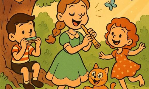Mélodie, jeune femme au visage rond et souriant, cheveux châtain clair en tresse, robe légère vert-pêche, chante au centre d’un cercle de coussins en tenant une petite flûte en bois brillante; Léo, garçon d’environ 9 ans aux cheveux bruns courts et chemise rayée, joue de l’harmonica assis sur une racine à gauche; Clara, fille d’environ 8 ans aux cheveux bouclés roux et robe à pois, danse pieds nus sur un tapis de feuilles à droite; Biscuit, petit chat roux, bondit joyeusement près d’eux; scène sous un grand chêne noueux dans une clairière parsemée de fleurs, champignons et animaux (écureuils, lapins, oiseaux) formant un public, rayons de soleil filtrant entre les branches; ambiance chaleureuse et magique, couleurs pastel vives, style rétro « rubber hose » aux traits arrondis et contours noirs.