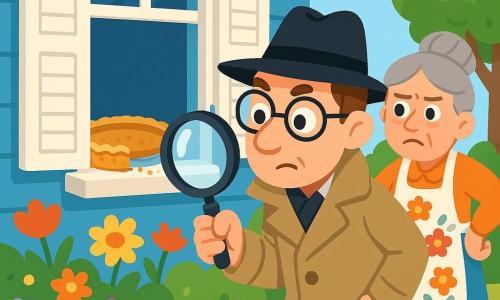 Un homme, le détective Gaston, porte un grand chapeau noir et un long manteau beige. Son visage est concentré et curieux, avec des yeux pétillants derrière ses lunettes. Il tient une loupe et examine une fenêtre. À côté de lui, Madame Poireau, une femme d’environ 50 ans avec des cheveux gris en chignon et un tablier fleuri, le regarde avec inquiétude, les mains sur les hanches. La scène se déroule devant une maison bleue avec des volets blancs, entourée d’un jardin coloré. Sur le rebord de la fenêtre, une tarte aux pommes vide laisse des miettes. Gaston scrute le jardin, cherchant des indices pour résoudre le mystère du vol de la tarte.