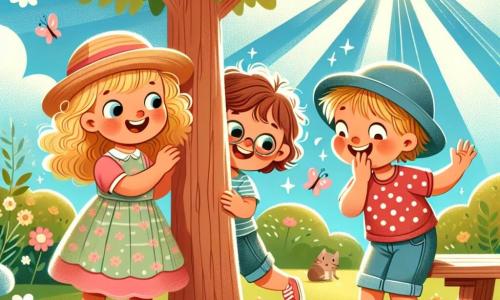 Trois amis s'amusent dans un jardin ensoleillé. Léa, 7 ans, avec des boucles dorées et une robe rose, compte près d'un grand arbre. Tom, 8 ans, portant un chapeau bleu trop grand, se cache derrière le tronc avec un sourire malicieux. Mia, 7 ans, en t-shirt à pois rouges et shorts en jean, se cache sous un banc en bois en riant doucement. Le jardin est rempli de fleurs colorées, de papillons et d'un ciel bleu éclatant. Léa cherche ses amis en comptant, tandis que Tom essaie de ne pas rire et que Mia se retient de faire du bruit. L'atmosphère est joyeuse, illustrant le plaisir de l'amitié.