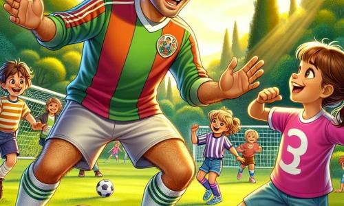Un homme grand et souriant, avec des cheveux bruns et des yeux pétillants, porte un vieux maillot de football coloré et des shorts. Il montre aux enfants comment dribbler un ballon, avec une expression joyeuse. À ses côtés, Léo, un garçon de 10 ans aux cheveux ébouriffés, essaie de l'imiter, les bras levés. Clara, une petite fille de 8 ans avec des couettes et un maillot rose, regarde avec admiration, tenant un ballon. La scène se déroule dans un parc verdoyant, baigné de lumière, avec des arbres majestueux et d'autres enfants qui s'amusent. Maxime, l'ancien footballeur, enseigne des techniques de football aux enfants, créant une atmosphère de camaraderie et de joie.