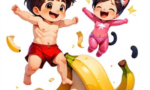Super Marcel, un jeune garçon aux cheveux en bataille et au grand sourire malicieux, porte un slip rouge par-dessus son pantalon et une banane sur la tête. Il glisse sur une peau de banane, les bras écartés, avec une expression de surprise. À côté, Super-Chaton, une fille avec des oreilles de chat et une combinaison rose scintillante, rit, les mains sur les hanches, prête à le taquiner. En arrière-plan, l'École des Super-Zéros, un bâtiment coloré avec un panneau "Bienvenue, futurs héros !", et des nuages en forme de super-héros flottent dans le ciel. Marcel glisse sur la peau de banane, prêt à tomber, tandis qu'un nuage de fraise coloré s'échappe de lui, ajoutant une touche comique à la scène.