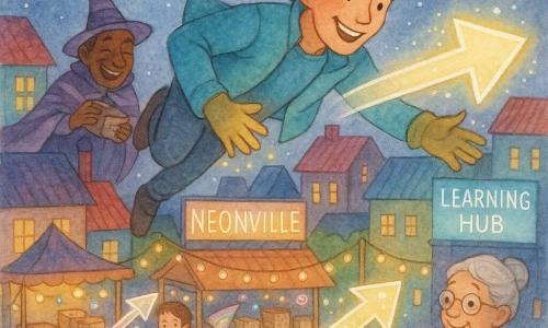 Vinko Voltige, souriant et déterminé, saute sur un toit ganté d’étincelles jaunes, cheveux en bataille et veste turquoise, installant une flèche lumineuse tandis que le Docteur Brouillax, inventeur d’une quarantaine d’années au chapeau pointu et cape violette, rit en tenant un petit boîtier derrière lui à gauche, et Madame Tournesol, vieille dame aux cheveux gris en chignon et lunettes rondes, applaudit depuis le sol près du hub d’apprentissage à droite ; la scène se déroule sur la place centrale de Néonville, toits colorés en dessous, grands panneaux lumineux, stands d’atelier et guirlandes, enfants et familles présentent des flèches décorées dans un concours festif aux couleurs vives, textures aquarelle douces et contours au stylo gel blanc, ciel du soir indigo parsemé d’éclairs de lumière.