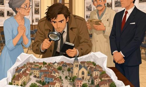 Nils, détective d'une trentaine d'années au visage concentré, trench-coat brun clair, carnet noir en main gauche et loupe en droite, penché et déterminé devant une maquette miniature de vieille ville; à gauche Madame Lenoir, femme d'âge mûr aux cheveux gris en chignon, lunettes sur chaîne et robe bleu pâle, mains serrées sur la poitrine, partagée entre soulagement et reproche; en arrière-plan à droite Monsieur Dalmas, ouvrier à la grosse moustache grise, blouse beige, posture hésitante, tenant un petit carton, regard coupable et confus; près de la table Monsieur Riva, homme en costume sombre et cravate rouge, raide et gêné, mains jointes; grande salle de mairie éclairée, murs crème, table en bois verni couverte de papier bulle révélant petites maisons pastel, rues pavées et église miniature, tension palpable et regards croisés, composition centrée sur la maquette aux couleurs douces et lignes nettes.