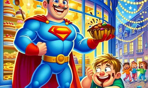 Monsieur Bonhomme est un homme joyeux avec un grand sourire, portant un costume de super-héros bleu et une cape rouge. Il rit en tenant une cuillère en bois, prêt à aider son ami Gros Maladroit, un garçon de 10 ans avec de grandes oreilles et des lunettes de soleil. Gros Maladroit est assis par terre, les mains pleines de brioches, un peu confus après être tombé dans un gâteau au chocolat. La scène se déroule devant une boulangerie colorée, avec des vitrines remplies de pâtisseries et des enfants riant autour d'eux. Monsieur Bonhomme aide Gros Maladroit à attraper une brioche sans tout renverser.
