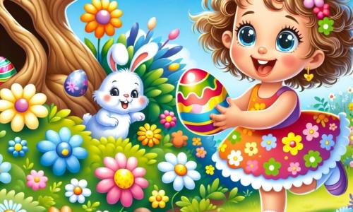 Lila, une petite fille de 2 ans aux grands yeux brillants et cheveux bouclés, porte une robe colorée à fleurs. Elle est joyeuse, sautillant dans le jardin avec un œuf décoré. À ses côtés, un lapin de Pâques au pelage blanc et aux longues oreilles lui montre un trésor d'œufs colorés. Le jardin est rempli de fleurs éclatantes, de buissons verdoyants et d'un vieux arbre sous un ciel bleu. Lila découvre des œufs cachés sous les fleurs en riant avec le lapin.