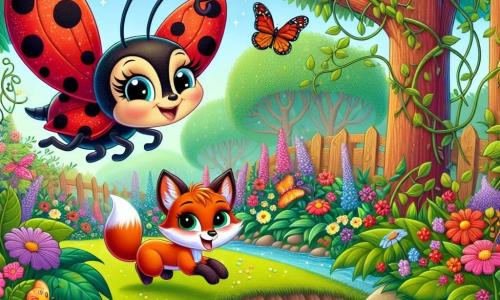 Une coccinelle nommée Lila, aux ailes rouges et tachetées de noir, vole joyeusement au-dessus d’un jardin coloré, entourée de fleurs vives comme des roses et des tournesols. À côté, un renard nommé Rouky, au pelage orange, est assis sur l'herbe, regardant Lila avec gratitude après avoir été libéré d'un filet. Le jardin est un tableau de nature avec des arbres, des papillons et un ruisseau. La scène illustre l'union des amis animaux pour aider Rouky, symbolisant l'amitié et la solidarité.