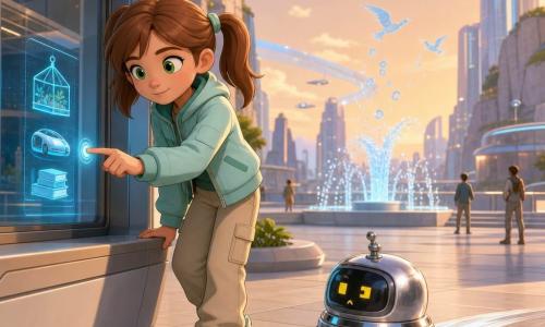 Une fillette de 10 ans, souriante mais concentrée, cheveux châtain clair en couettes, yeux verts brillants, veste bleu menthe et pantalon beige, penchée contre la vitre d'un kiosque tactile, la main posée comme pour toucher une petite lumière ; un robot de nettoyage rond et chromé aux yeux LED jaunes roule à côté d'elle en laissant une trace brillante au sol ; une minuscule holographie bleue projette des pictogrammes (serre suspendue, capsule de transport, pile de livres lumineux) à la hauteur de ses yeux ; lieu : place centrale 