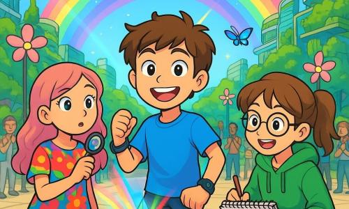 Il y a trois personnages : Ilyès, un garçon de 10 ans avec des cheveux bruns en bataille et des yeux pétillants, portant un t-shirt bleu vif et des baskets lumineuses, se tient au centre, souriant avec un bracelet GPS. Lina, une fille de 10 ans aux cheveux longs et ondulés teintés de rose, en robe colorée avec des motifs de fleurs, tient une mini-loupe connectée et se trouve à gauche d'Ilyès, le regard curieux. Maëlys, une fille de 10 ans aux cheveux châtains en queue de cheval et lunettes rondes, porte un sweat à capuche vert et dessine avec enthousiasme à droite d'Ilyès. L'action se déroule sur la grande place centrale d'Auréapolis, entourée de jardins suspendus et de bâtiments futuristes. Des lampadaires en forme de fleurs illuminent l'espace, tandis que des drones-papillons volent autour des enfants. Ils célèbrent le rituel du quartier avec des lumières colorées dansantes, un prisme de signal brillant au centre projetant des arcs-en-ciel, entourés d'habitants applaudissant et souriant.