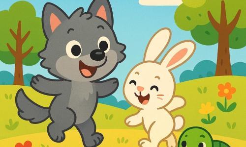 Un petit loup aux poils gris et doux, avec de grands yeux pétillants, sourit en jouant dans une clairière ensoleillée. Il saute avec enthousiasme, exprimant son bonheur d'être avec ses amis. À côté, un petit lapin aux longues oreilles et pelage blanc rit en courant autour de lui. Plus loin, une tortue à la carapace verte avance lentement, souriant en les regardant jouer. La clairière est entourée d'arbres et de fleurs colorées, sous un ciel bleu parsemé de nuages. Les trois amis se blottissent ensemble, partageant un moment de tendresse et d'amitié sous le soleil.