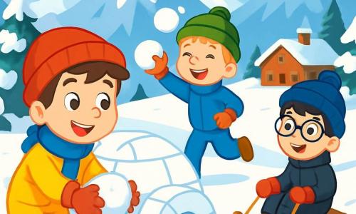 Trois personnages sont présents : Théo, un garçon de 8 ans avec des cheveux bruns, un bonnet rouge, une écharpe bleue et une combinaison de ski jaune, construit un igloo. Lucas, 7 ans, avec des cheveux blonds et des taches de rousseur, porte un bonnet vert et lance une boule de neige en souriant. Maxime, 9 ans, avec des cheveux noirs et des lunettes, est assis sur une luge, prêt à glisser. L'action se déroule dans une station de ski pittoresque, entourée de montagnes enneigées et de sapins chargés de neige, sous un ciel bleu. Les garçons jouent ensemble, créant une atmosphère joyeuse et festive, pleine de rires et d'amitié.