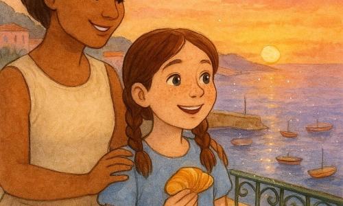 Fille de 10 ans au visage rond et taches de rousseur, cheveux châtain en deux nattes, sourire émerveillé, tenant un petit pastizzi et regardant la mer ; sa mère (~35 ans), cheveux bruns courts en tenue d'été, pose une main rassurante sur son épaule en souriant, légèrement derrière à gauche ; terrasse de jardins surplombant un port méditerranéen avec murets couleur miel, balustrade en fer forgé vert, escaliers pavés et eau bleue où flottent de petits bateaux colorés ; coucher de soleil chaud aux tons orangés, roses et violets, reflets scintillants sur l'eau, ambiance calme, d'émerveillement et de chaleur humaine, rendu aquarelle délicat avec touches de stylo gel blanc pour les reflets et petites étoiles de lumière.