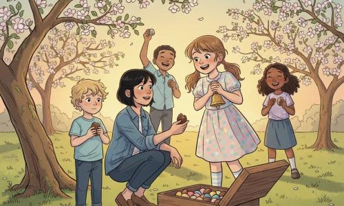 Une fillette de 10 ans, joyeuse, cheveux châtain clair en deux nattes, robe à pois pastel et chaussettes rayées, tient une petite clochette dorée contre sa poitrine en souriant, penchée vers une vieille boîte en bois ouverte; Lila, une autre fille de 10 ans, enjouée et protectrice, cheveux noirs courts et veste en jean, accroupie à gauche, tend un œuf en chocolat à un petit garçon timide aux cheveux blonds bouclés d’environ 6 ans qui le tient partagé à deux mains; plusieurs enfants du village forment un demi-cercle en arrière-plan, riant, partageant des œufs et brandissant de petites clochettes colorées; le verger de pommiers en fleurs au crépuscule, branches basses couvertes de pétales blancs et roses, pelouse verte parsemée de pétales et une vieille boîte au pied d’un pommier moussu servent de décor; la boîte ouverte révèle des œufs en chocolat colorés et des clochettes, certains enfants accrochant une clochette à une branche, dans une lumière dorée de fin de journée, ombres longues et atmosphère tendre.