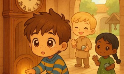 Félix, 8 ans, émerveillé, à genoux devant une grande horloge en bois dont un panneau entrouvert laisse jaillir une lueur dorée, Renaud, ~10 ans, souriant en tunique beige à la cour visible par une porte ronde agitant une bille, Alma, 8 ans, espiègle en nattes et robe verte près du puits tenant une pendule sans aiguilles; salon chaleureux carrelé aux grandes fenêtres, horloge sculptée et tunnel rond lumineux menant à une cour pavée et un jardin ancien; découverte magique d'un passage secret sous l'horloge, la lumière invitant au voyage dans le temps, ambiance douce aux couleurs chaudes et textures boisées.
