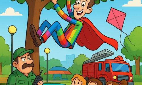 Max, grand et mince, souriant un peu gêné, coincé dans les branches d’un grand arbre, jambes en l’air et mains accrochées à une branche, cape rouge flottante et costume multicolore; à gauche, un gardien moustachu, petit et trapu, casquette verte, sourcils froncés mais amusés, tient une radio au sol; à droite, trois enfants émerveillés et rieurs (deux filles, un garçon) tiennent un cerf‑volant rose; derrière l’arbre, un pompier en uniforme rouge avec une grande échelle près d’un camion prêt à aider; décor : parc urbain herbeux avec trampolines colorés, bancs, lampadaires et bâtiments bas sous un ciel bleu, ambiance comique, joyeuse et sécurisante, couleurs vives et rendu enfantin.