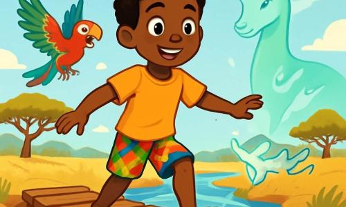 Kofi, un jeune garçon d'environ 12 ans, avec des cheveux crépus et des yeux curieux, se tient au bord d'une grande rivière. Son visage exprime une détermination joyeuse, et il porte un short coloré et un t-shirt léger. Il avance prudemment sur un vieux pont en bois, les bras légèrement écartés pour garder l'équilibre. À ses côtés, Tiko, un perroquet aux plumes éclatantes, vole autour de lui en piaillant joyeusement. En arrière-plan, l'esprit de la rivière, sous la forme d'une gazelle gracieuse, observe Kofi avec bienveillance, ajoutant une touche magique à la scène. Le lieu est une savane ensoleillée, avec des herbes dorées et des arbres majestueux, tandis que le ciel est bleu avec quelques nuages blancs. Kofi, concentré et courageux, s'apprête à traverser le pont pour prouver sa bravoure.