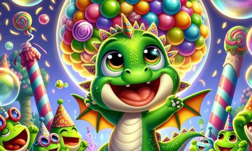 Un petit dragon nommé Zibou, aux écailles vertes scintillantes et aux yeux malicieux, danse joyeusement sous un grand arbre à bonbons, les ailes déployées et un large sourire sur le visage. Autour de lui, des grenouilles colorées, portant des chapeaux de fête, sautent en rythme, rayonnantes de joie. L'une d'elles, une grenouille jaune avec des lunettes de soleil, flotte sur une bulle géante, riant, tandis qu'une grenouille verte avec un nœud papillon rouge applaudit près de Zibou. Le décor enchanteur comprend un arbre à bonbons immense, des friandises multicolores et un sol couvert de confettis scintillants. Zibou danse et chante avec les grenouilles, tandis qu'une bulle géante l'emporte dans les airs, provoquant rires et cris de joie.