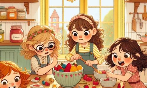 Dans une cuisine ensoleillée, quatre filles de 10 ans sont réunies autour d'une table en bois. Zoé, avec des cheveux bouclés châtains et des lunettes rondes, tient une cuillère en bois pour mélanger des fruits dans un saladier. Emma, aux cheveux raides et blonds, recolle une banane avec un sourire malicieux. Léa, avec des cheveux frisés et roux, rit en ramassant des fraises. Mia, aux cheveux bruns et longs, place une nappe colorée sous la table en riant. La cuisine, lumineuse avec des murs jaunes et des fenêtres ouvertes, est remplie de pots de confiture et de livres de recettes. Les filles s'amusent à préparer un pique-nique, commençant par le dessert et finissant par la nappe, ce qui les fait rire à chaque étape.