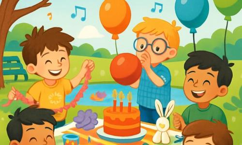 Quatre enfants sont réunis : Artur, presque 7 ans, avec des cheveux bruns en bataille, porte un t-shirt jaune et tient une guirlande rose. Lucas, 7 ans, a des cheveux blonds et des lunettes rondes, il gonfle des ballons colorés en chemise à carreaux bleus. Sami, également 7 ans, sourit avec ses cheveux noirs, porte un t-shirt vert et plie des serviettes en forme de lapins. Jules, 7 ans, avec des cheveux châtains, vérifie la brillance des tasses sur la table, portant un pull bleu et tenant une loupe. L'action se déroule dans un parc ensoleillé avec un chêne, des bancs verts, un étang avec des canards, et une table décorée de manière festive. Les enfants dansent en cercle autour d'une table d'anniversaire, souriants, entourés de décorations colorées et d'un gâteau avec des bougies scintillantes.