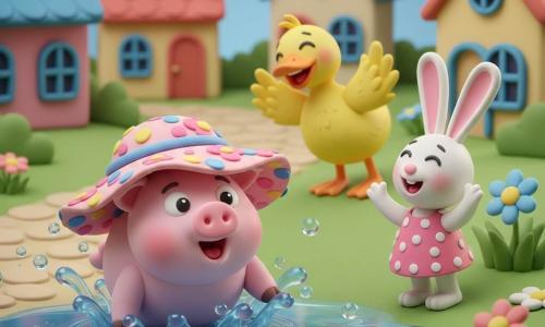 Un cochon rose dodu au museau rond et petites oreilles pointues, coiffé d'un chapeau à fleurs trop grand qui lui glisse sur les yeux, tombe tête la première dans une grande flaque brillante tandis qu'une lapine blanche à pois rit debout au bord, une patte levée, et qu'un canard jaune secoue ses plumes en riant sur un talus ; le village de maisons colorées en pâte à modeler, le chemin pavé beige, les touffes d'herbe et les fleurs stylisées forment une scène comique et lumineuse aux couleurs vives et textures lisses, avec éclaboussures rondes et ambiance tendre.