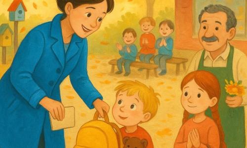 Une détective d'environ 35 ans, cheveux bruns en chignon décontracté, visage souriant et concentré, porte un manteau bleu vif et tient un petit carnet beige; elle tend un cartable jaune retrouvé à Lucas, un garçon de 5 ans aux cheveux blonds en bataille, soulagé, tenant son doudou brun. À côté, Lila, 8 ans, rousse et timide mais heureuse, tient un petit sac marron et se tient en retrait, mains jointes. Monsieur Paul, le fleuriste d'environ 50 ans, au visage chaleureux et portant un tablier vert avec un ruban bleu, tient un petit bouquet près d'un banc, fier et un peu gêné. Autour, plusieurs enfants de 4 à 6 ans applaudissent doucement. Le décor est une cour d'école automnale avec feuilles orange et jaune tourbillonnantes, bancs en bois usé, bac à sable, petit jardin d'oiseaux avec nichoirs colorés et une boulangerie en arrière-plan; l'ambiance est chaleureuse et apaisée, aux couleurs douces et textures gouache, centrée sur la retrouvaille et la gentillesse partagée.