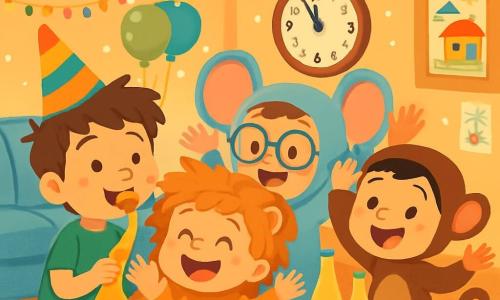 Quatre enfants se préparent pour le Nouvel An : Léo, 7 ans, avec des cheveux bruns en bataille et un chapeau pointu, tient une trompette ; Max, 6 ans, déguisé en lion, rit à ses côtés ; Tom, 5 ans, en éléphant avec des lunettes, fait des gestes derrière Max ; et Hugo, 6 ans, en singe, saute de joie à côté de Tom. La scène se déroule dans le salon de Léo, décoré de guirlandes et de ballons, avec une table pleine de gâteaux et de boissons. Les garçons préparent un spectacle pour leurs parents, qui les regardent émerveillés, prêts à célébrer la nouvelle année.