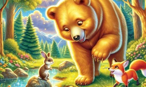 Une ourse au pelage doré se tient au bord d'un lac cristallin, regardant une petite pierre scintillante avec curiosité. À ses côtés, un renard espiègle l'observe, tandis qu'un lapin aux grandes oreilles, excité, se tient derrière eux. Le décor est une forêt enchantée avec des arbres majestueux, des fleurs colorées et un ciel bleu. La lumière du soleil crée des éclats dorés sur l'eau. Ensemble, ils découvrent la pierre mystérieuse, symbole d'une aventure pleine de rêves.
