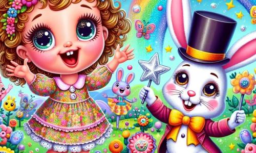 Une petite fille de 3 ans, nommée Lila, avec de grands yeux pétillants et des cheveux bouclés, porte une robe colorée à fleurs. Elle rit aux éclats en tenant une étoile argentée. À côté d'elle, un petit lapin en chapeau haut de forme fait une révérence en souriant. Le décor est un jardin magique rempli de fleurs chantantes, de papillons et d'arbres étranges, sous un ciel bleu. Lila et Monsieur Lapin partagent un moment de rire, entourés de bulles et de confettis colorés.