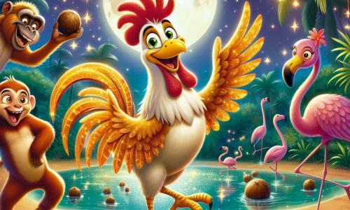Un coq nommé Coco, avec des plumes dorées, se tient au centre de la scène, les ailes déployées et souriant, exprimant sa joie. À sa droite, Benny, un babouin espiègle, jongle avec des noix de coco en riant. À gauche, Florette, une flamante rose élégante, danse gracieusement. En arrière-plan, un lac scintille sous la lune, entouré de palmiers et de fleurs tropicales, créant une ambiance magique. La scène représente une fête joyeuse dans la jungle du zoo, où Coco et ses amis animaux célèbrent l'amitié et la musique sous les étoiles.