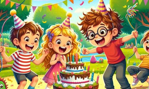 Dans un parc ensoleillé, quatre enfants célèbrent un anniversaire. Lucas, 8 ans, avec des cheveux bruns et un t-shirt rouge, est surpris au centre. À sa droite, Clara, 7 ans, sourit avec sa robe rose. À gauche, Max, 8 ans, rit avec un ballon coloré. Léo, 7 ans, prépare une blague avec des confettis. Le parc est décoré de ballons, de guirlandes et d'un grand gâteau en forme de dragon avec des bougies. Les amis et voisins sourient autour d'eux, créant une ambiance festive et magique.