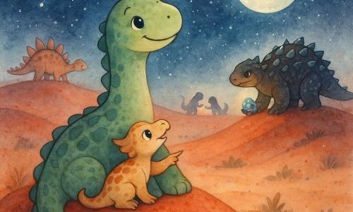 Doro, un grand diplodocus rond et doux au visage expressif et aux yeux brillants, est assis sur une dune, queue ondulante couverte d'écailles vert tendre, une patte posée devant lui, regardant le ciel avec un sourire apaisé; Pipo, petit protocératops crème à taches rouille, yeux vifs, blotti contre la base du cou de Doro en montrant une constellation du museau; Karo, un ankylosaure massif à carapace sombre parsemée d'éclats d'obsidienne, se tient en retrait tenant une pierre phosphorescente; en arrière-plan une stégosaure à épines roses et deux petites silhouettes forment un cercle en riant et échangeant des pierres scintillantes; lieu : vaste désert de dunes rouges sous une grande lune argentée, ciel étoilé, brume légère et herbes ponctuelles; atmosphère : scène nocturne chaleureuse et intime où la lune et les lueurs des pierres éclairent délicatement les écailles et le sable.