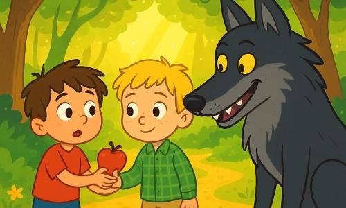 Il y a trois personnages : Jules, un garçon de 4 ans avec des cheveux bruns en désordre, un t-shirt rouge et un short bleu, tenant la main de Léo ; Léo, également âgé de 4 ans, avec des cheveux blonds, des taches de rousseur, une chemise à carreaux verts et un pantalon beige, souriant timidement au loup ; et le grand méchant loup, majestueux avec un pelage gris foncé et des yeux jaunes, observant les garçons avec curiosité. L'action se déroule dans une forêt enchantée, avec des arbres touffus et des rayons de soleil illuminant le sol. Jules et Léo, main dans la main, parlent au loup avec des expressions craintives mais amicales, partageant une petite pomme rouge, symbole de leur courage et amitié, tandis que le loup s'approche doucement.