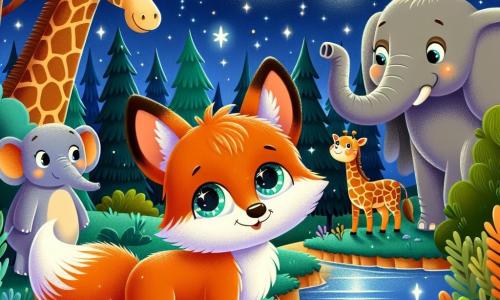 Un petit renard nommé Filou, avec un pelage orange vif, regarde avec curiosité, debout sur ses pattes arrière, prêt à explorer la nuit étoilée. À ses côtés, Éliot l'éléphant, grand et gris, se cache derrière un buisson, riant doucement, tandis que Gigi la girafe, avec son long cou, lève la tête vers le ciel, fascinée par les étoiles. La scène se déroule dans un zoo tranquille, illuminé par la lune, entouré de grands arbres et de buissons colorés. Les amis se tiennent ensemble, prêts à découvrir les bruits mystérieux de la nuit, leurs visages illuminés par l'excitation et l'amitié.