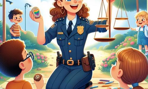 Au centre de l'image, une policière souriante, Léa, est assise sur une table de pique-nique en bois, entourée d'enfants. À sa droite, une petite fille d'environ 8 ans, avec des couettes, tient un dessin d'une balance et regarde Léa avec admiration. À gauche, un garçon de 10 ans, portant des lunettes, tient une pierre sur laquelle est écrit 