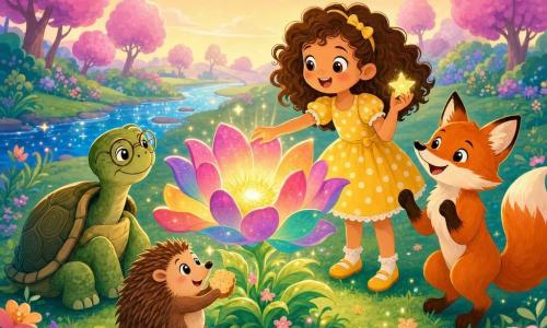 Emma, une fille aux cheveux bruns bouclés, robe jaune à pois blancs, souriante et émerveillée, tient une petite clé dorée et une étoile brillante devant une immense fleur lumineuse qu'elle effleure ; à droite un renard roux sur ses pattes arrière agite la queue, à gauche une vieille tortue à la carapace verte sourit au pied de la fleur, et entre elles un hérisson marron grignote un morceau de pain partagé par Emma ; le jardin enchanté, herbe stylisée, arbres roses en boules, rivière scintillante et ciel pastel, entoure la fleur magique aux pétales multicolores qui émet de doux rayons tandis que tous forment un cercle dans un moment de joie et de réveil magique.