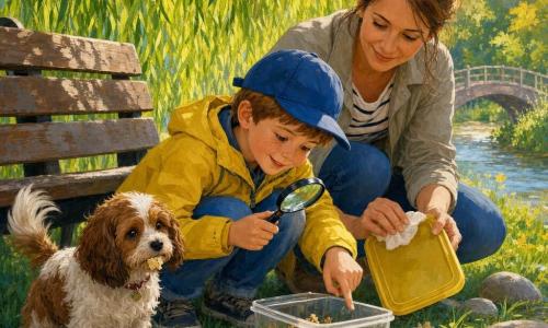 Garçon de 6 ans, curieux et fier, regard attentif, sourire malin, cheveux châtains courts, taches de rousseur, casquette bleue et veste jaune, accroupi près d’un banc en bois, tenant un petit carnet bleu et une loupe, montrant du doigt une boîte transparente ouverte; une femme d’environ 30 ans, maman bienveillante aux cheveux châtain clair attachés, accroupie derrière lui à sa droite, essuyant doucement le couvercle jaune avec une lingette; petite chienne Paillette, poil brun et blanc ondulé, museau avec une miette, queue qui remue, assise près d’eux; lieu : rive d’une petite rivière avec herbe verte parsemée de fleurs jaunes, saule aux branches tombantes formant un auvent, banc usé, cailloux lisses et petit pont en arrière-plan, lumière douce de fin d’après-midi; situation : moment de découverte — le garçon «détective» montre la boîte de biscuits trouvée sous le banc, couvercle jaune posé à côté et miettes sur l’herbe, ambiance d’enquête amicale et tendre, couleurs chaudes et textures de peinture acrylique visibles.