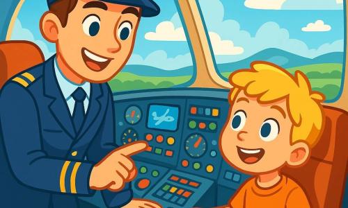 Un jeune homme de 18 ans, Tom, se trouve dans le cockpit d'un avion, affichant un large sourire et des yeux brillants d'excitation. Il porte un uniforme de pilote bleu foncé avec des galons dorés, et son casque est légèrement incliné. À ses côtés, un enfant de 10 ans aux cheveux blonds admire les instruments de bord, captivé par l'expérience. Le cockpit est rempli de lumières clignotantes et d'instruments colorés, avec un grand hublot offrant une vue sur un ciel bleu et des paysages verdoyants. Tom explique avec enthousiasme aux enfants comment piloter un avion, alors qu'ils se préparent pour un vol spécial plein d'aventures.