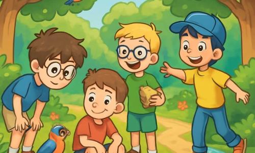 Quatre enfants explorent une forêt verdoyante. Tom, 10 ans, a des cheveux bruns en bataille et des lunettes rondes, il observe un oiseau coloré. Lucas, également 10 ans, avec des cheveux blonds et des lunettes carrées, sourit en tenant un sandwich. Maxime, avec des cheveux châtains et des taches de rousseur, est assis sur une pierre, légèrement fatigué mais souriant. Adrien, avec des cheveux noirs et une casquette bleue, pointe vers un ruisseau avec excitation. La forêt est remplie d'arbres majestueux, de fleurs colorées et d'oiseaux, créant une ambiance magique. Les enfants, curieux et enthousiastes, découvrent un chemin le long du ruisseau, prêts à surmonter les obstacles ensemble.