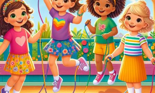 Quatre filles d'environ 8 ans se tiennent dans une cour de récréation ensoleillée. Célia, aux cheveux bruns et bouclés, porte un t-shirt rose et un short bleu, souriant avec une corde à sauter. Emma, aux cheveux blonds et lisses, est en robe à fleurs colorées et compte à haute voix, les bras levés. Lila, aux cheveux noirs et raides, habillée d'un t-shirt vert et d'un pantalon jaune, applaudit Amina, qui a des cheveux châtains et frisés, un t-shirt violet, et saute à la corde avec un grand sourire. La cour est colorée avec des jeux en bois, des arbres et des fleurs. Les filles jouent ensemble, apprenant à Amina à sauter à la corde, symbolisant l'amitié et la célébration de leurs différences culturelles.