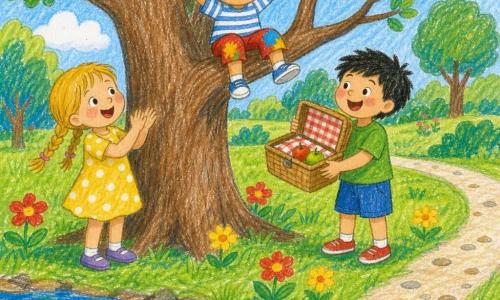 Lucas, 2 ans, cheveux bruns courts, souriant et émerveillé, est assis sur une branche basse d’un grand arbre, bras levés et taches de peinture sur les genoux de son short rouge; à gauche, une fillette de 5 ans, blonde en nattes, en robe jaune à pois blancs, applaudit, et à droite, un garçon de 4 ans, cheveux noirs en bataille, en t-shirt vert, tient une boîte de pique-nique ouverte; le parc présente de l’herbe verte, des fleurs rouges et jaunes, un petit lac bleu avec deux canards blancs et un chemin de gravier clair, le tout sous un doux soleil avec ombres simples, style crayonné coloré aux traits ronds, formes simples et palette gaie et contrastée.