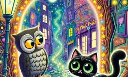 Un petit chat noir nommé Oliver, avec des yeux verts et une queue enroulée, se tient devant un portail magique scintillant, affichant une expression déterminée. Il est entouré de lumières colorées et d'étincelles de magie. À ses côtés, un vieux hibou sage, aux plumes grises, observe la scène avec fierté, perché sur une branche. Le lieu est une ruelle vibrante de Détourville, remplie de bâtiments colorés, où des créatures étranges se déplacent. Oliver est prêt à entrer dans le portail pour affronter le voleur de magie, marquant le début de son aventure héroïque.