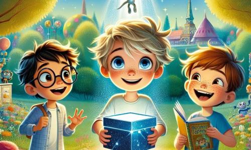 Dans un parc coloré de Lumièreville, trois garçons de sept ans sont réunis. Max, avec des cheveux en bataille et des yeux pétillants, tient une boîte brillante au-dessus de sa tête en souriant. À sa droite, Léo, portant des lunettes rondes, regarde la boîte avec curiosité, un livre de sciences à la main. À gauche, Tom, aux cheveux blonds et aux taches de rousseur, rit en faisant une grimace. Le parc est rempli de fleurs multicolores, d'arbres aux feuilles éclatantes et d'un ciel bleu clair parsemé de nuages blancs. La boîte magique émet des lumières scintillantes, tandis qu'un hologramme d'une créature extraterrestre apparaît au-dessus d'eux, créant une atmosphère d'émerveillement et d'aventure. Les garçons sont captivés, prêts à vivre une incroyable aventure intergalactique.