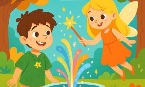 Émile, un jeune garçon de 12 ans aux cheveux bruns en désordre et aux yeux curieux, se tient au bord d'une fontaine magique avec un sourire émerveillé. Il porte une tunique verte à motifs floraux et des pantalons beiges. À ses côtés, la fée Lila, une fillette de 10 ans aux longs cheveux dorés et ailes scintillantes, flotte en souriant, tenant une baguette magique lumineuse. Le décor est une clairière enchantée, entourée d'arbres aux feuilles dorées et argentées, avec des fleurs multicolores. Émile, fasciné, est prêt à écouter les conseils de Lila pour commencer leur aventure de sauvetage du royaume.