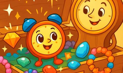Pomme, une petite montre ronde aux couleurs vives avec un visage souriant, se trouve au centre d'une boîte à bijoux, entourée de bijoux colorés qui scintillent. À sa droite, sa grande sœur Pendule, une montre élégante au cadran doré, l'encourage à explorer de nouvelles activités. La boîte à bijoux en bois, ornée de motifs floraux, est remplie de colliers, de bracelets et de pierres précieuses. Pomme se prépare à relever le défi « Moins d’écrans, plus d’amis ! », excitée par les bijoux autour d'elle, prête à découvrir des jeux et des aventures sans écran.