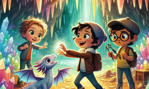 Trois amis, Max, Emma et Lucas, se trouvent dans une caverne magique. Max, 10 ans, est agenouillé et tend la main vers un dragon miniature, tandis qu'Emma, 9 ans, se tient à côté de lui, les bras croisés et un air déterminé. Lucas, également 10 ans, porte des lunettes et une casquette, observant avec curiosité un gadget en forme de catapulte. La caverne est remplie de cristaux scintillants et d'une douce lumière émanant d'un cristal central. Ils s'amusent à capturer le dragon espiègle, créant une scène pleine d'énergie et d'aventure.